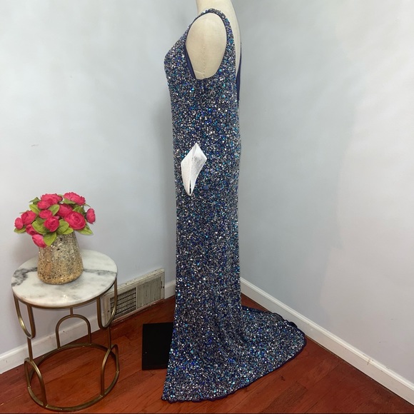 # Mac Duggal Navy / Blue Sleeveless Sequin Embellished Sheath Gown W/ High Slit - Picture 6 of 15